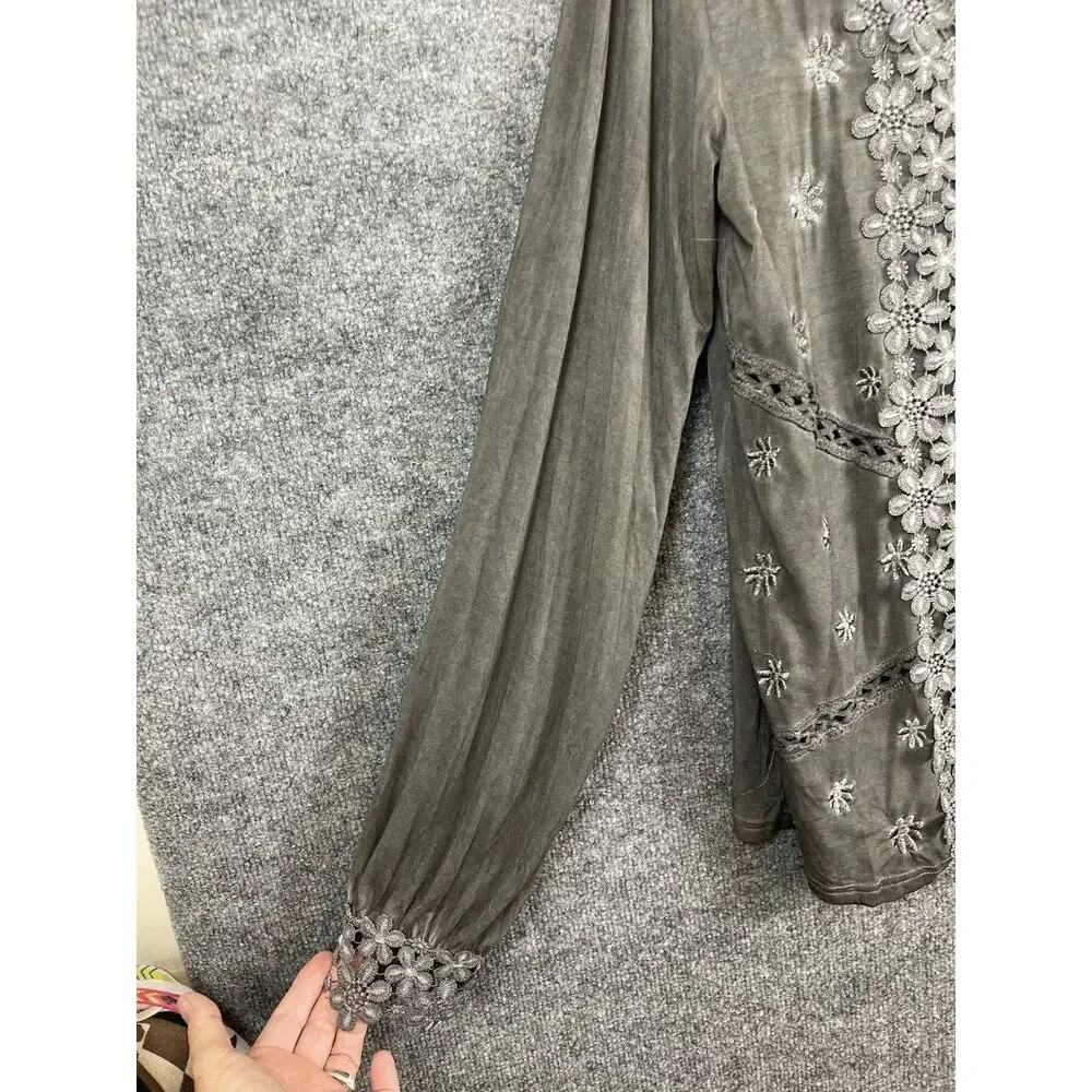POL Embroidered Lace Trim Blouse Oversize Long-Sleeve lace Cuffs Charol Gray L - Picture 5 of 13